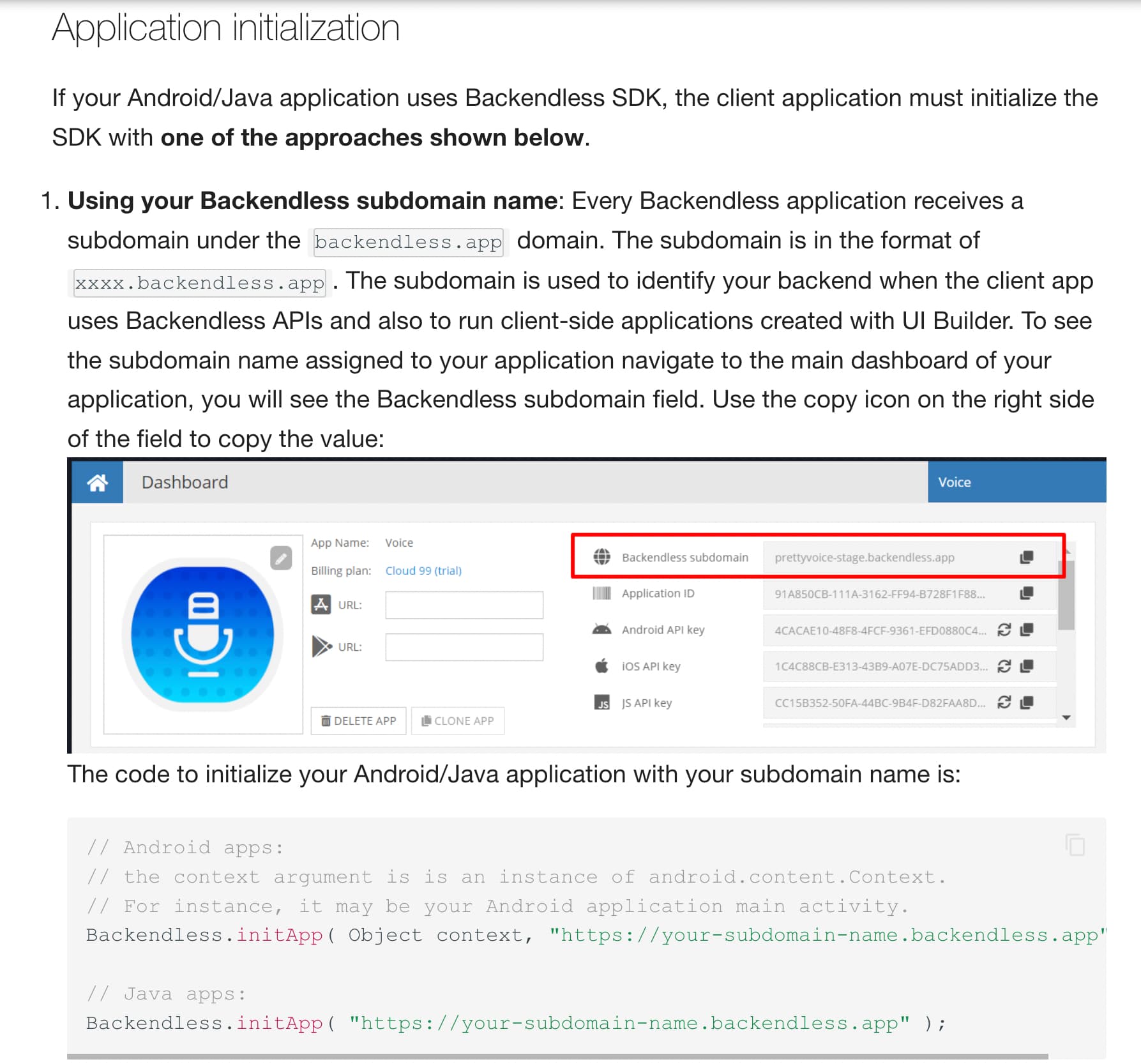 Application initialization in client side set up for SDK for Android/Java -  Android - Backendless Support