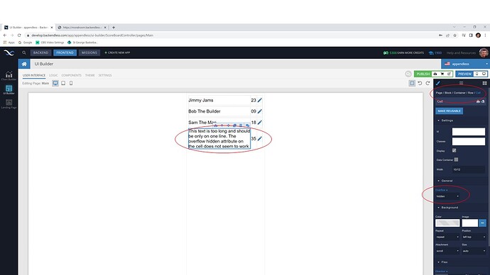 UI Builder overflow hidden not working