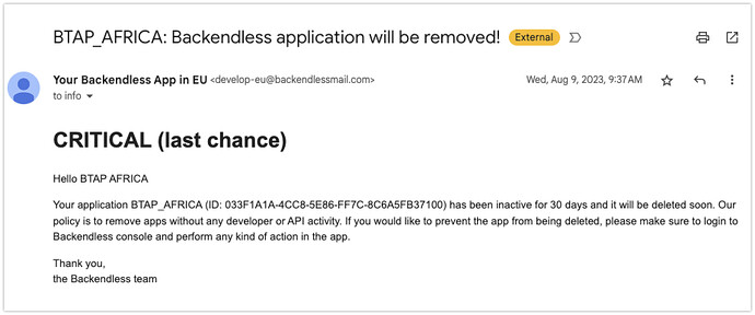 BTAP_AFRICA: Backendless application will be removed! - mark@backendless.com - Backendless.com Mail 2024-04-02 14-23-01