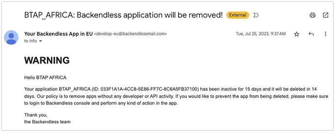BTAP_AFRICA: Backendless application will be removed! - mark@backendless.com - Backendless.com Mail 2024-04-02 14-22-25