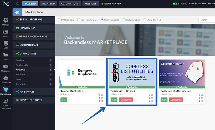 UI Functions - Array Utils - Marketplace - ConsoleDemo - Backendless 2023-08-07 16-47-27