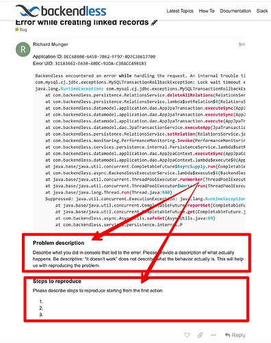 Error while creating linked records - Bug - Backendless Support 2024-11-18 09-46-29